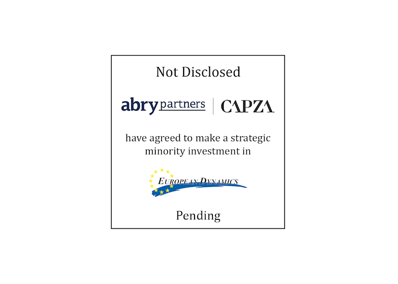 Tombstone: Not Disclosed | Abry Partners (logo) and CAPZA (logo) have agreed to make a strategic minority investment in European Dynamics (logo) | Pending